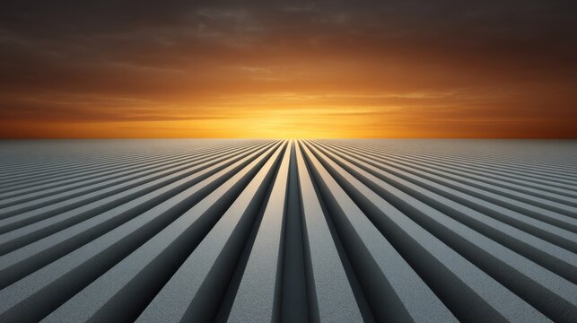 Serene Geometric Landscape with Parallel Lines Leading to Horizon Under Dramatic Sunset Sky with Clouds and Warm Light Touching the Earth