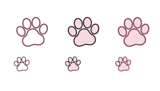 Cute pink paw print illustrations arranged in a playful pattern with small and large prints against a clean white background