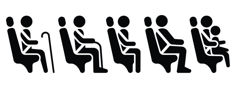 Bundle pictogram priority passenger on bus and train, for woman baby pregnant woman elderly handicap person, public transport accessibility icons set, clear inclusive symbols for seating guidance 