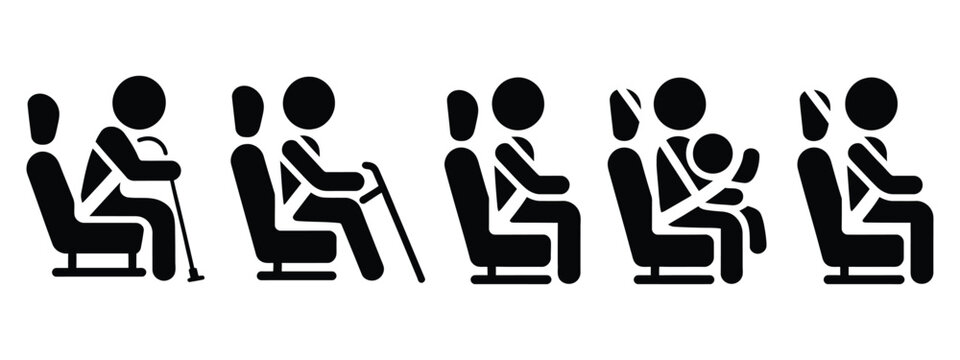 Bundle pictogram priority passenger on bus and train, for woman baby pregnant woman elderly handicap person, universal priority seating signs, clean vector design for metro rail and bus interiors