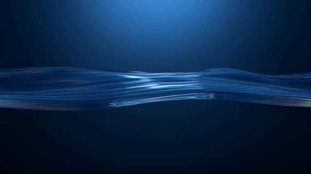 Blue abstract wave background with light streaks and flowing motion on dark gradient, smooth light reflection, glossy ripple, liquid line, calm sea glow, motion blur, minimal design