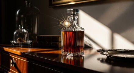 Naklejka premium Elegant crystal decanter filled with amber whiskey catching sunlight rays on a wooden table with books