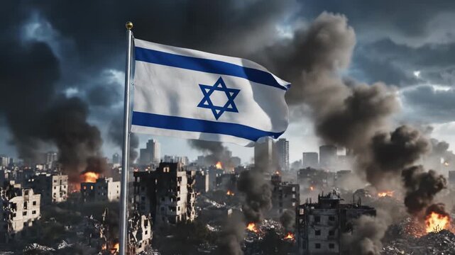 The flag of Israel waving over a destroyed city landscape with smoke and fire during a conflict.