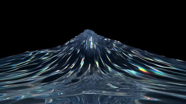 Iridescent wave abstract dark fluid sculpture with spectrum highlights on black background, glowing line, central peak, glossy transparent material, futuristic digital art reflection