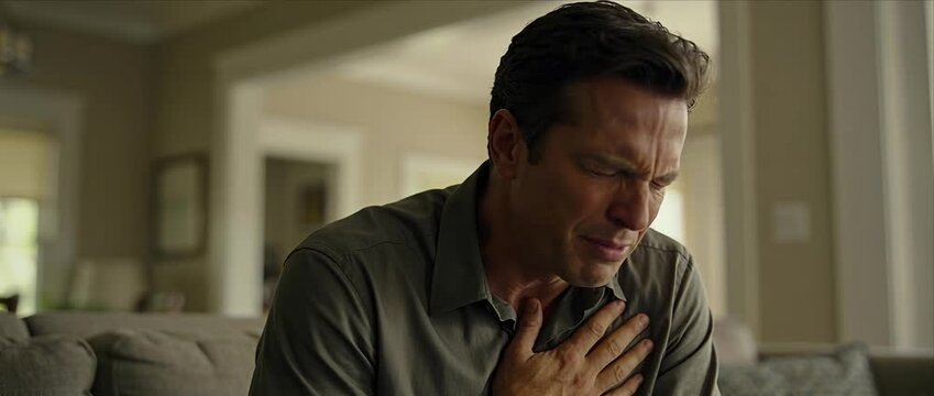 Sad mid adult male man with sadness and pain clutching chest from heart illness and health emergency in bright living room home interior natural daylight stressful middle age man