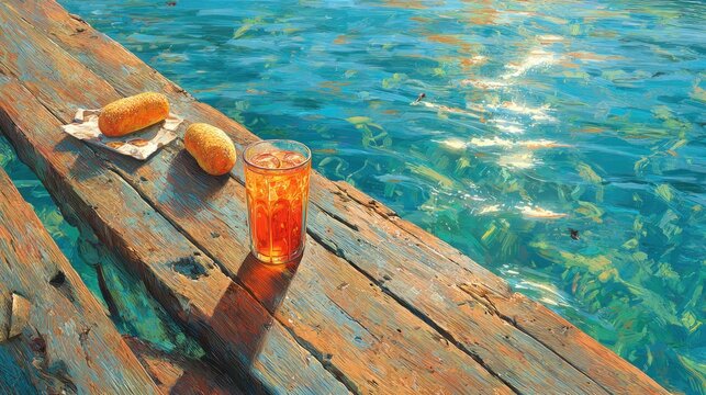 Refreshment on a wooden dock by calm water with bread and sunlight