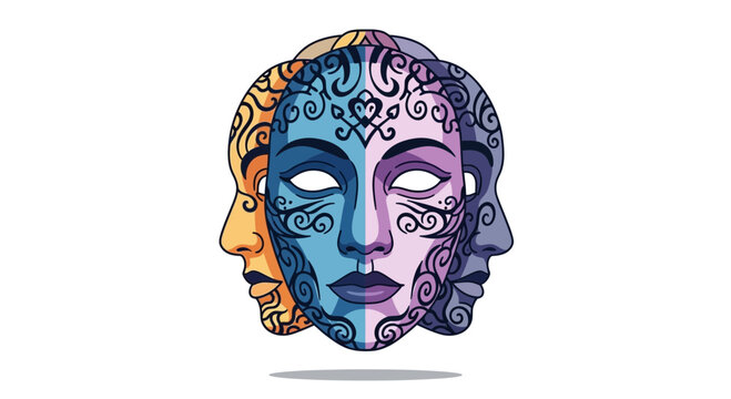 Multiple faces masks with ornate patterns, representing identity, personality, disguise, and illusion