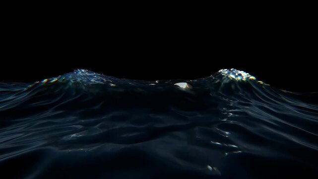 Dark ocean wave surface with dramatic reflection in black water, abstract seascape with rippling blue liquid, moody sea crest and glossy light texture