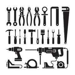 Fototapeta premium Construction tools icon set silhouette representing hardware repair maintenance industrial equipment UI design collection