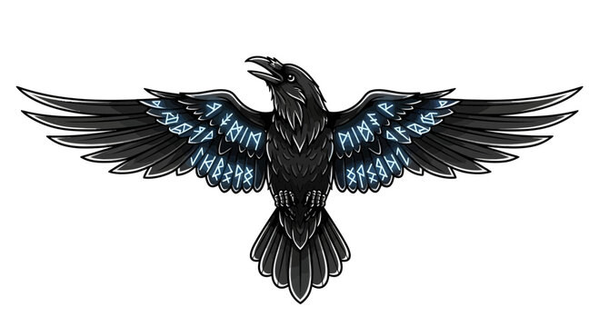 Mythical Raven with Runes on Wings, Spreading Wings, White Background