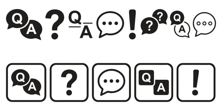 FAQ question answer icon set silhouette representing chat support help communication UI interface symbols