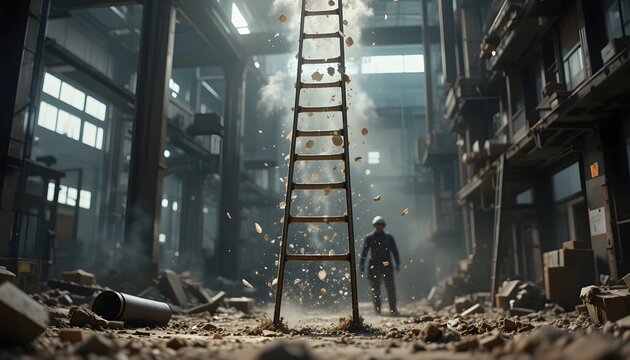 Abandoned industrial building with a ladder.