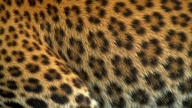 Macro close-up of leopard fur texture showcasing detailed orange and black rosettes, golden hair patterns, and intricate skin markings of a wild panthera pardus feline animal.