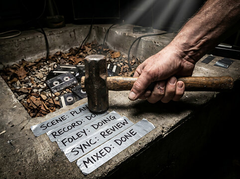 Foley artist about to smash audio tapes with hammer, symbolizing the end of an era for analog sound recording and the transition to digital
