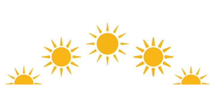 Day cycle and movement path sun icon, sunshine sunrise or sunset, circular solar phases illustration with full and half sun shapes, modern minimal vector symbols