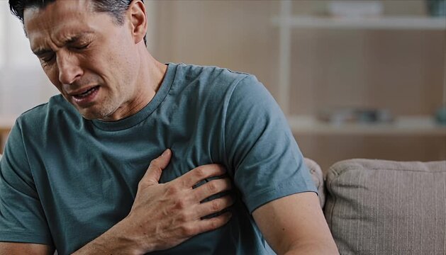 Middle aged man chest pain heart attack heart disease health problem cardiac emergency male adult illness symptom home sofa living room interior healthcare medical risk stress discomfort sick pain