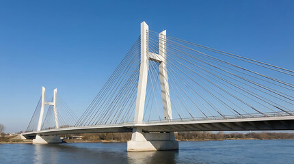 Obraz premium Modern Bridge Over River: Capturing a majestic suspension bridge gracefully arching across a serene river under a clear, bright sky. A symbol of engineering, design and connectivity. 
