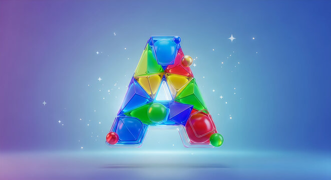 Colorful 3d geometric letter a made of translucent blocks with glowing effects