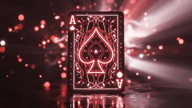 Luminous neon ace of spades card on dark reflective surface