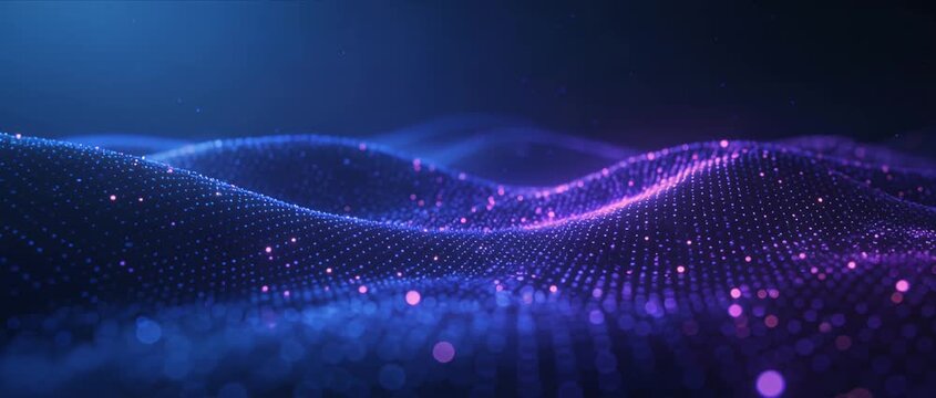 Futuristic wave background abstract particle landscape neon light texture digital wave surface tech motion glowing dot pattern minimal smooth modern purple blue gradient dynamic data flow glow