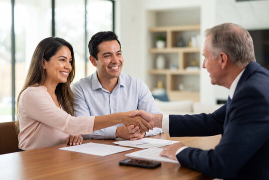 Happy hispanic couple shaking hands with a financial advisor after closing a deal in an office