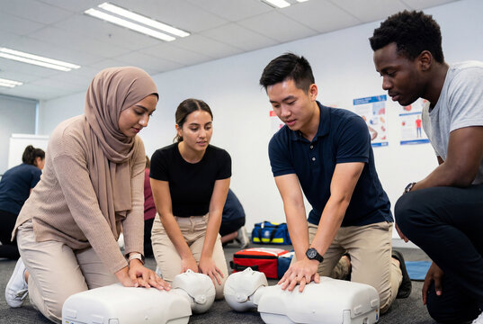 Diverse group practicing CPR chest compressions on dummies in class