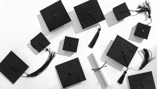 Flat Lay of Graduation Caps and Diploma on White Background for Commencement Celebration.