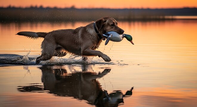 Labrador retriever retrieves duck decoy at sunset