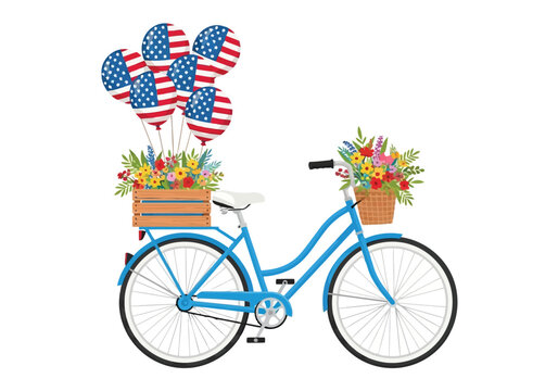 Colorful bicycle with flowers and us flags for celebration decoration