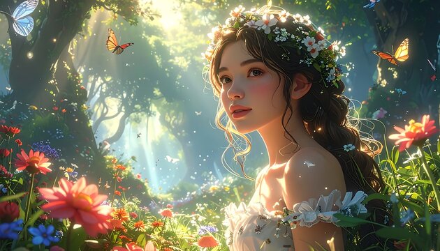 Radiant woman in a floral crown amidst sunlit flowers and butterflies in a magical, dreamlike forest setting