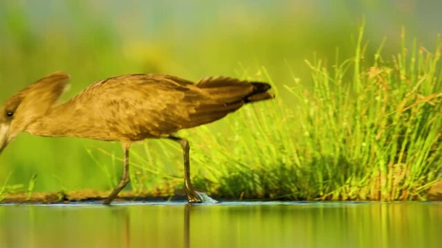 Close up of a hamerkop (Scopus umbretta) Bird foraging in a pond. South Africa.