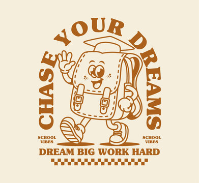 intage retro cartoon backpack mascot design. Perfect for streetwear apparel, stickers, and back to school merchandise graphic projects