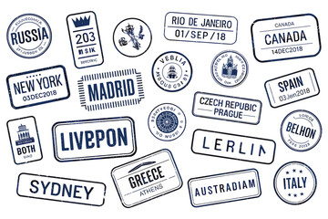Obraz premium Collection of blue and white travel passport stamps from various cities and countries Keywords: passport stamps, travel, stamps
