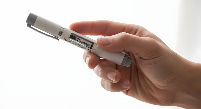 Hand holding insulin pen, medical photography, healthcare concept