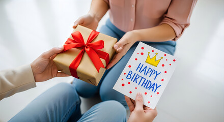 A person receiving a birthday gift and card from another person.