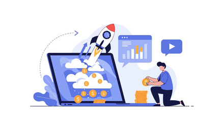 Obraz premium Digital Marketing Launch with Rocket and Cloud Computing.