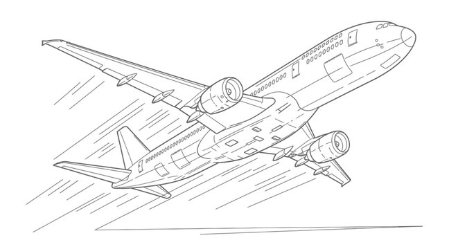 Detailed Line Art Drawing of a Commercial Passenger Airplane in Flight.