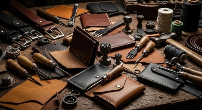 Artisan leathercraft workshop featuring handmade wallets, cardholders, and various tools