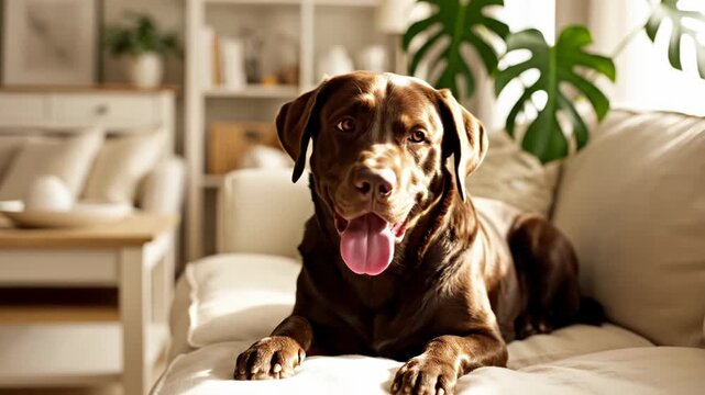 Side profile of a chocolate Labrador Retriever dog sitting on a cream sofa in a sunlit living room, panting with mouth open and tongue out, indoor home setting with plants.