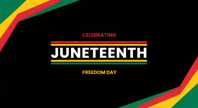 A vibrant Juneteenth celebration graphic with colorful stripes on a black background.