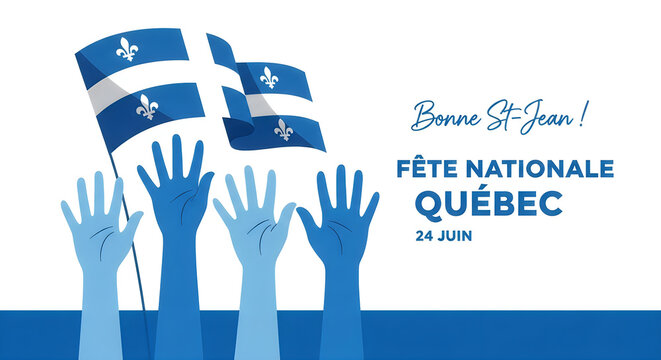 A graphic illustration of hands holding Quebec flags celebrating National Quebec Day.
