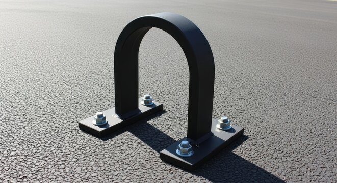 Heavy duty ground mounted black metal bicycle anchor point with bolts on asphalt surface