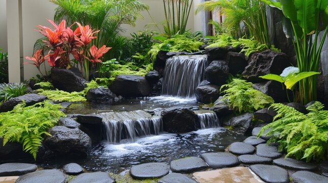Tropical garden water feature cascade