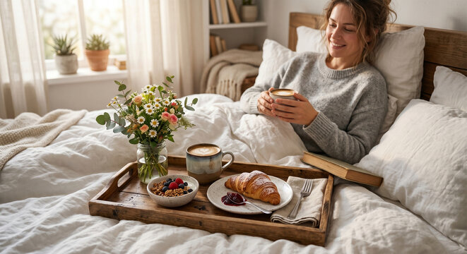 Mother's Day breakfast in bed with coffee latte, croissant, fresh flowers, and gift box on wooden tray, cozy morning celebration with greeting card and jewelry, top view aesthetic lifestyle.