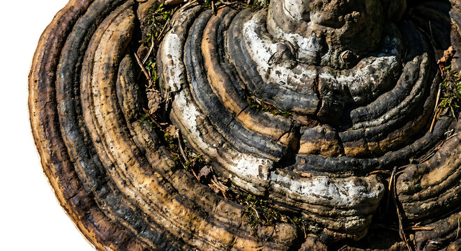 Macro view of woody bracket fungus with concentric growth rings