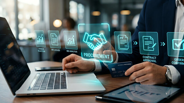Professional managing digital procurement and contract workflow on laptop and tablet, illustrating modern online business automation and strategic financial solutions