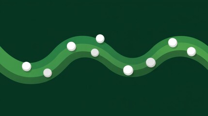 Fototapeta premium Abstract illustration of a wavy green line with white circles set against a dark green background, representing movement, flow, and rhythm in design