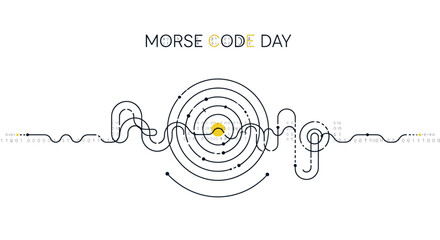 On Morse Code Day, a vector illustration depicts a dot dash signal forming the word 'August' against a white background, using a telegraph communication concept to showcase signal © Shabrina