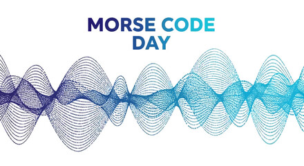 A vector illustration for Morse Code Day displays a vibrant dot dash signal with blue sound signal visualization, showcasing a waveform on a clean white background, ideal for telegraph © Shabrina
