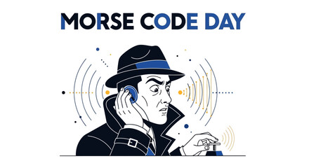 On Morse Code Day, a vector illustration depicts a vintage spy character sending a dot dash signal with a telegraph machine against a clean white background, stylized in black and gold © Shabrina